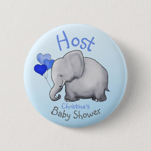 Cute Blue Balloons Elephant Baby Shower Host 2 Inch Round Button