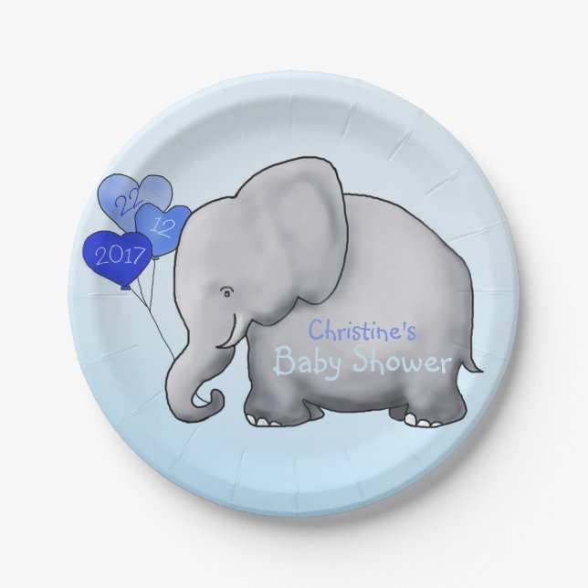 Cute Blue Balloons Elephant Boy Baby Shower Paper Plate (Front)