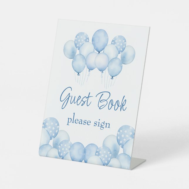 Cute Blue Balloons Guest Book Pedestal Sign (Front)