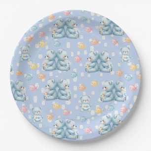 Cute Blue Bear and Fish Seamless Pattern Paper Plate