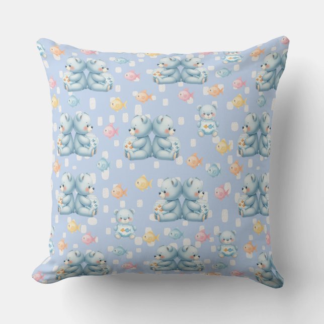 Cute Blue Bear and Fish Seamless Pattern Throw Pillow (Front)