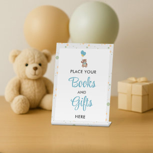 Cute Blue Bear Cub Boy Baby Shower Gift Table Pedestal Sign