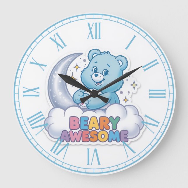 Cute Blue Bear Moon & Stars "Beary Awesome" Nurser Large Clock (Front)