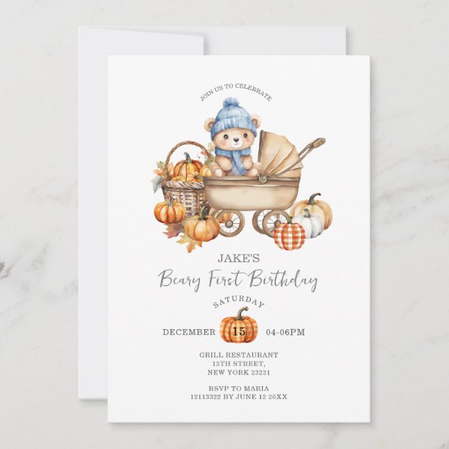 Cute Blue Bear Stroller Fall Pumpkin 1st Birthday Invitation (Front)
