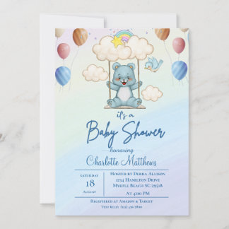   Cute Blue Bear Swing Rainbow Baby Shower  Invitation