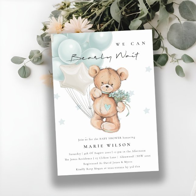 Cute Blue Bearly Wait Balloon Baby Shower Invitation (Creator Uploaded)