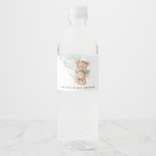 Cute Blue Bearly Wait Bear Balloon Baby Shower Water Bottle Label