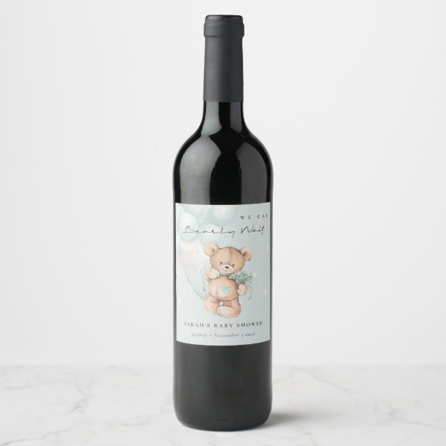 Cute Blue Bearly Wait Bear Balloon Baby Shower Wine Label (Front)