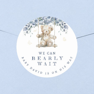 Cute Blue Bearly Wait Teddy Baby Shower Classic Round Sticker