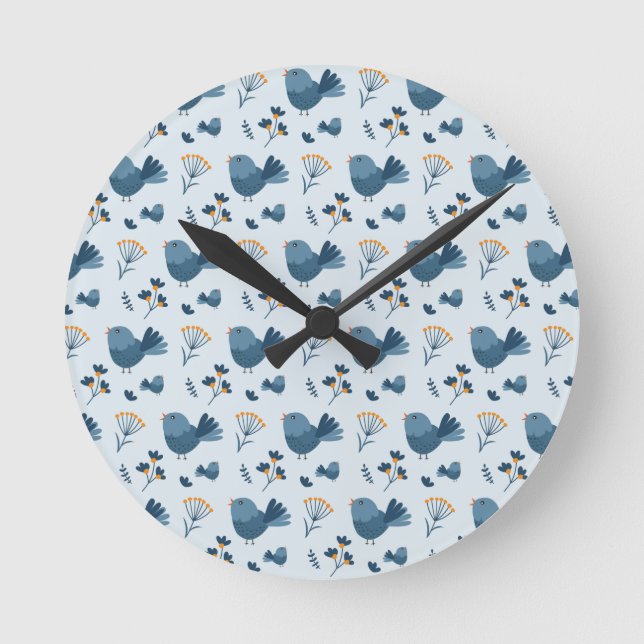 Cute Blue Bird and Berries illustrated Pattern Round Clock (Front)