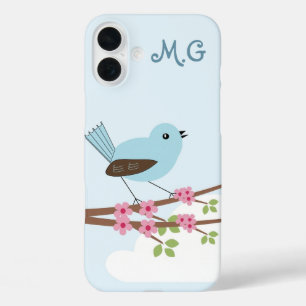 Cute Blue Bird in Blossom Tree Monogram iPhone 16 Plus Case