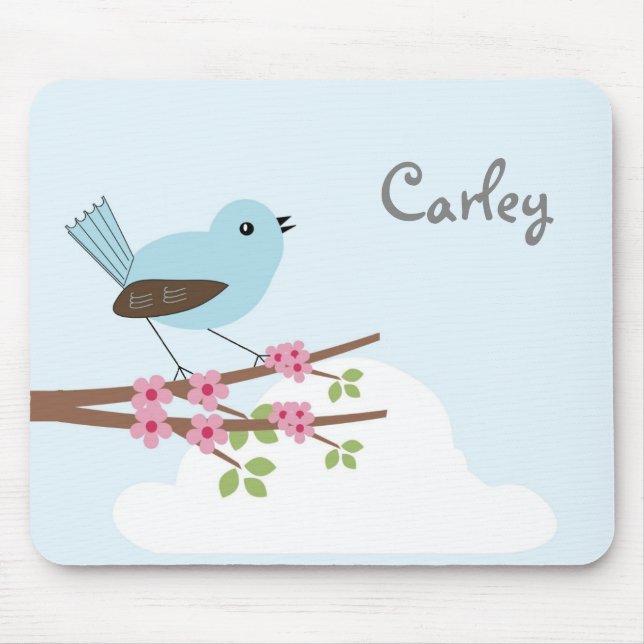 Cute Blue Bird in Blossom Tree Personalised Mouse Pad (Front)