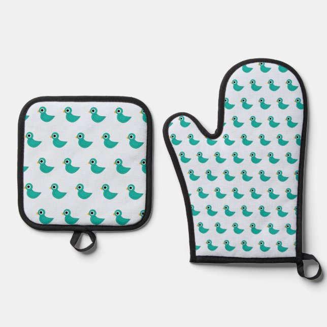 Cute blue bird oven mitt & pot holder set (Front)