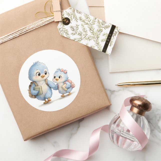 Cute Blue Bird Siblings Circle Sticker (Gifting)