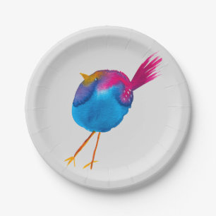 Cute blue bird watercolor paper plate