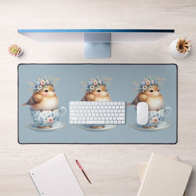 Cute Blue Bird with Floral Crown in Teacup Desk Mat (Office 1)