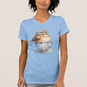 Cute Blue Bird with Floral Crown in Teacup T-Shirt