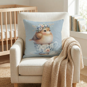 Cute Blue Bird with Floral Crown in Teacup Throw Pillow