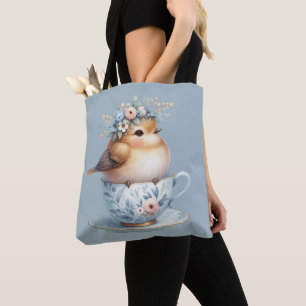 Cute Blue Bird with Floral Crown in Teacup Tote Bag