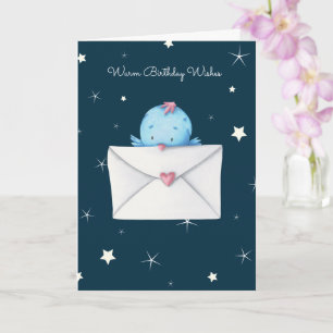 Cute Blue Bird with Letter Personalized Birthday Card