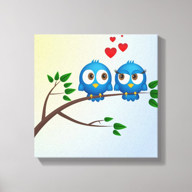 Cute blue birds in love cartoon canvas print (Front)
