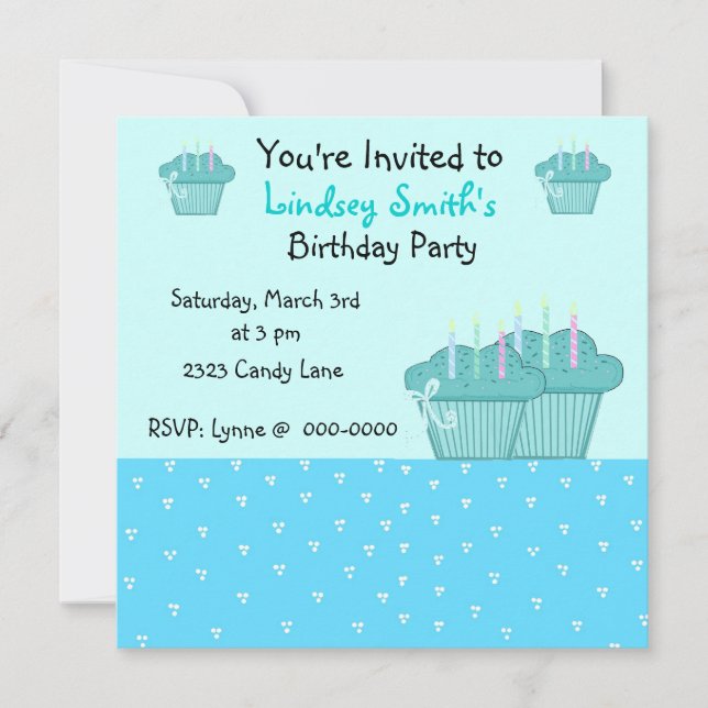 Cute Blue Birthday Cupcakes Invitation (Devant)