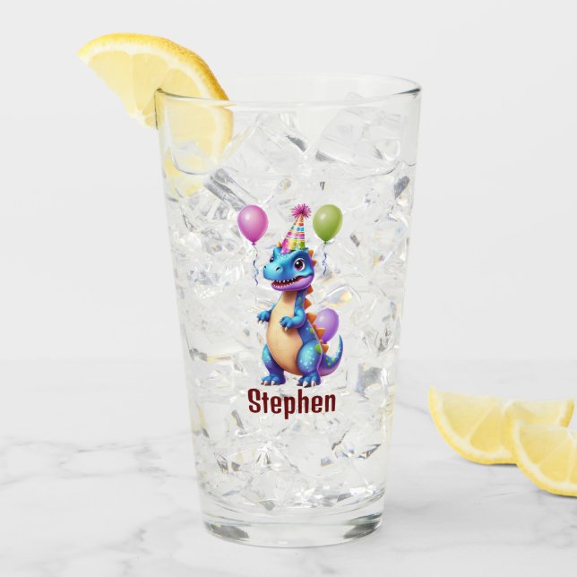 Cute blue birthday dinosaur glass (Front Ice)