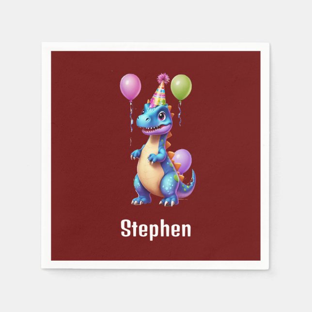 Cute blue birthday dinosaur napkin (Front)