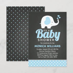 Cute Blue Black Chalkboard Elephant Baby Shower Invitation