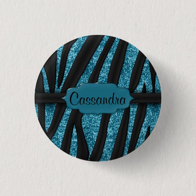 Cute Blue Black Glittery Zebra Striped Print 1 Inch Round Button (Front)