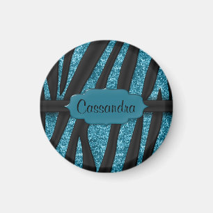 Cute Blue Black Glittery Zebra Striped Print Magnet