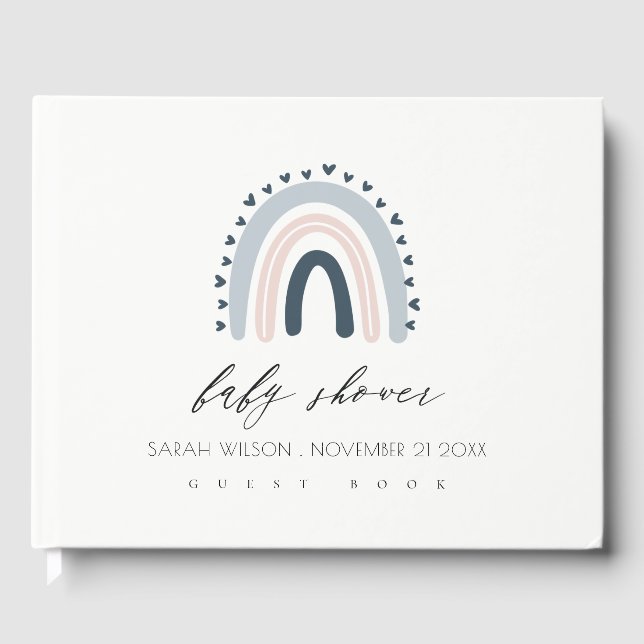 CUTE BLUE BLUSH RAINBOW HEART KIDS BABY SHOWER GUEST BOOK (Front)