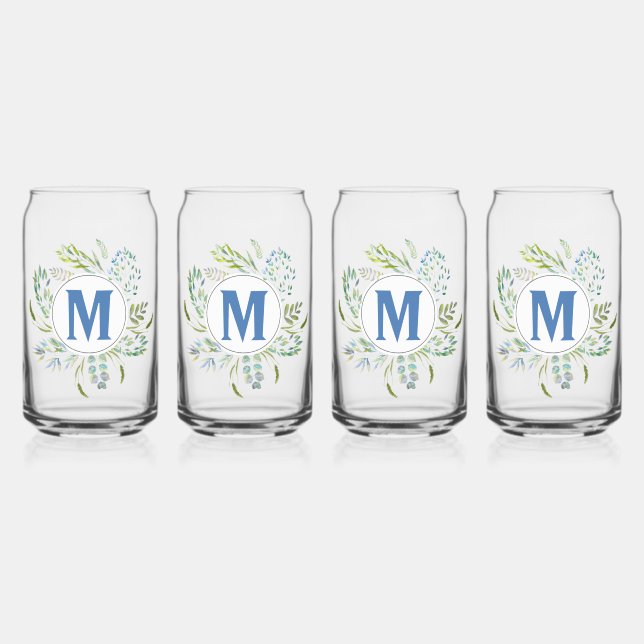 Cute Blue Botanical Greenery Monogram Can Glass (Front)