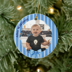 Cute Blue Bow Baby Photo Christmas Ornament
