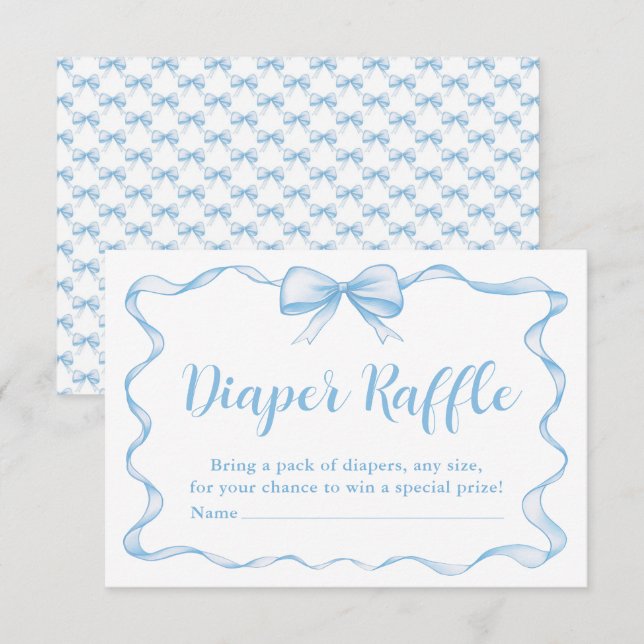 Cute Blue Bow Boy Ribbon Baby Shower Diaper Raffle Invitation (Front/Back)