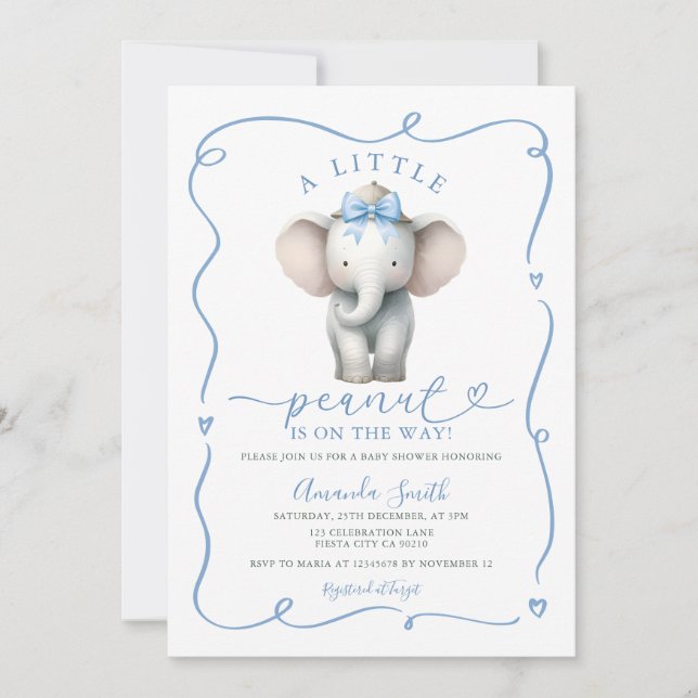 Cute Blue Bow Elephant Peanut Baby Shower  Invitation (Front)