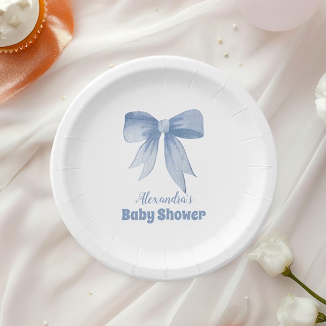Cute Blue Bow Ribbon Baby Boy Shower  Paper Plate (Creator Uploaded)