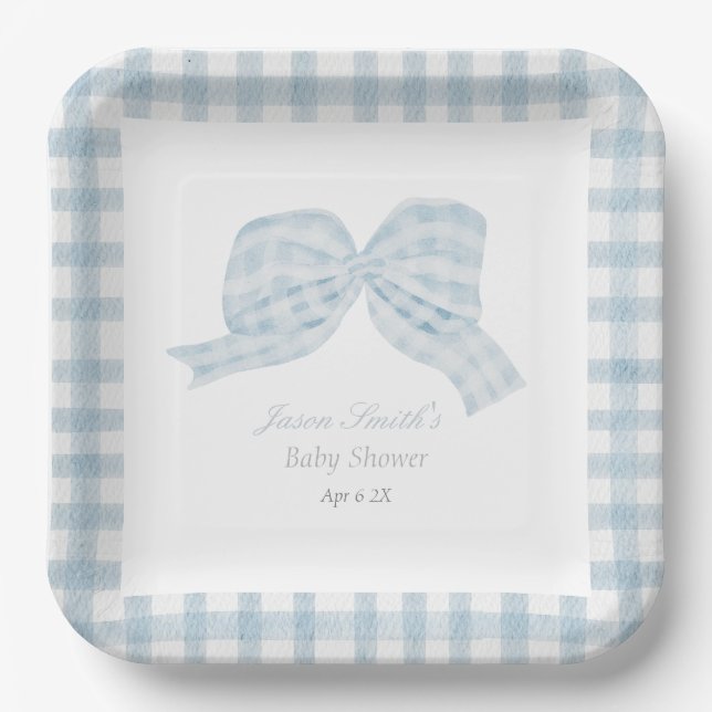 Cute blue bow ribbon baby shower  paper plate (Front)