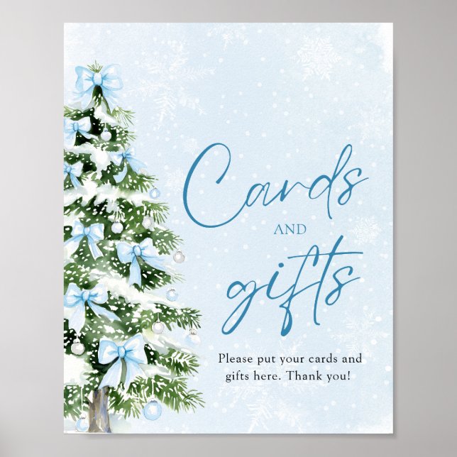 Cute Blue Bows Christmas Tree Cards and Gifts Sign (Front)