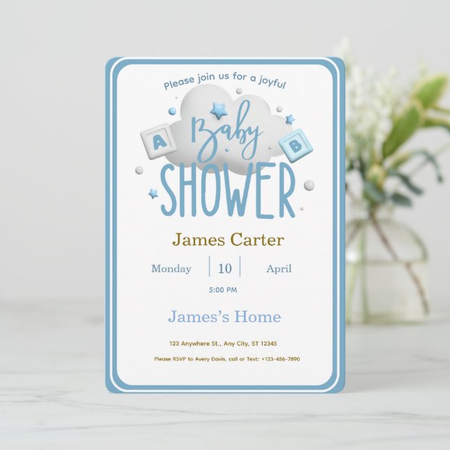 Cute Blue Boy Baby Shower Invitation (Debout devant)