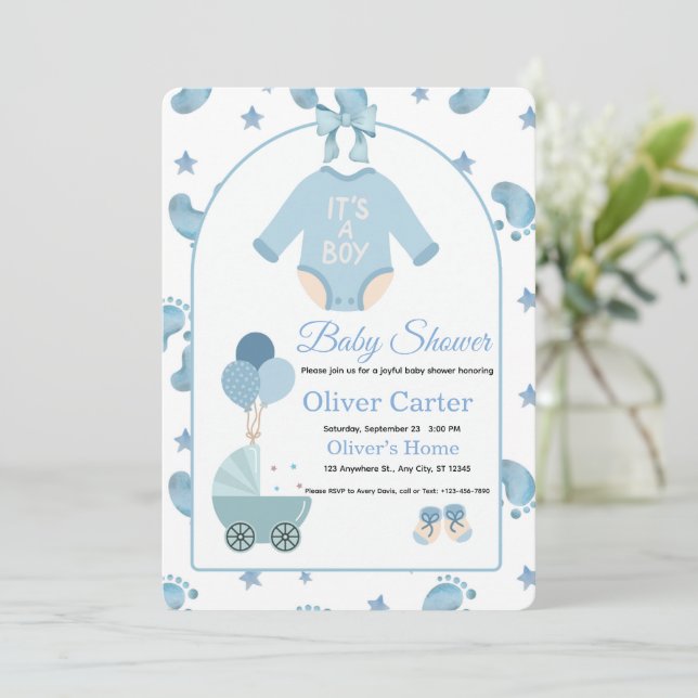 Cute Blue Boy Baby Shower Invitation (Debout devant)