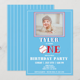 Cute Blue Boy Baseball Photo 1st Birthday Invitation