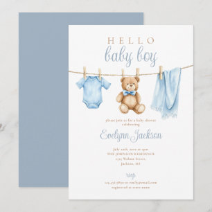 Cute Blue Boy Clothesline Baby Shower Invitation