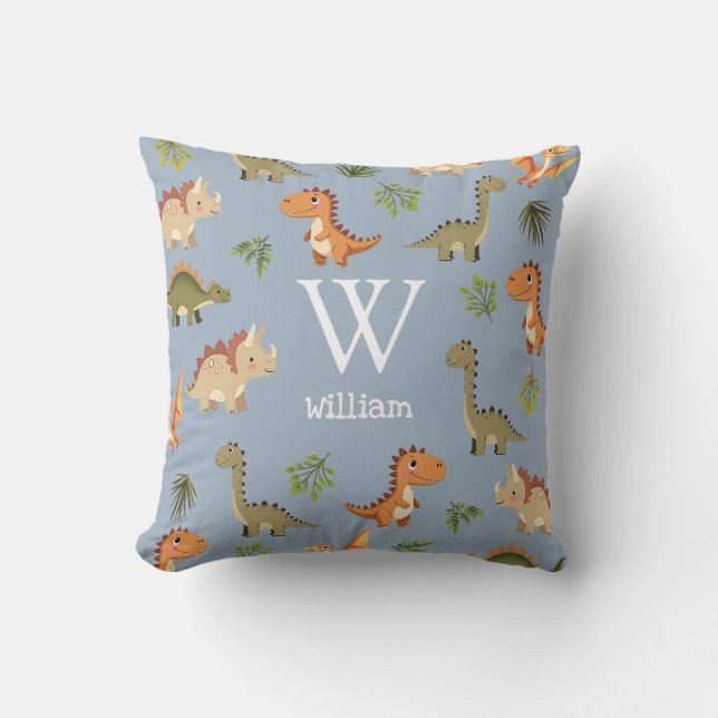 Cute Blue Boy Dinosaur Monogram Name Nursery Throw Pillow (Front)