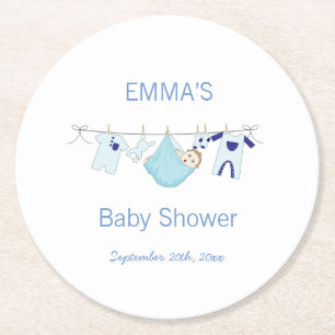 Cute Blue Boy illustration Clothesline Laundry Round Paper Coaster