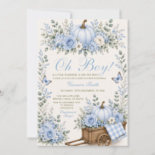 Cute Blue Boy Little Pumpkin Baby Shower Floral Invitation