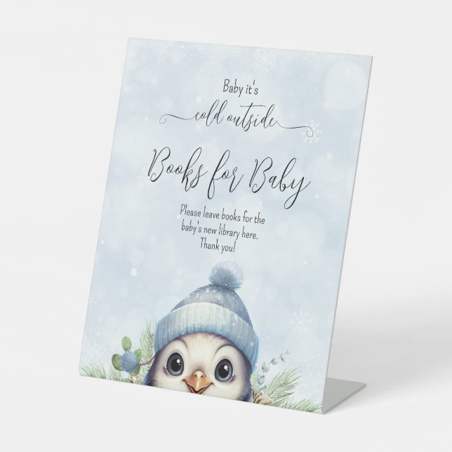 Cute Blue Boy Penguin Winter Baby Shower Pedestal Sign (Front)