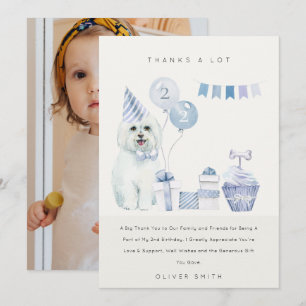 Cute Blue Boys Dog Any Age Birthday Photo Party Thank You Card