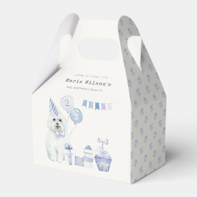Cute Blue Boys Party Puppy Dog Any Age Birthday Favor Box (Front Side)
