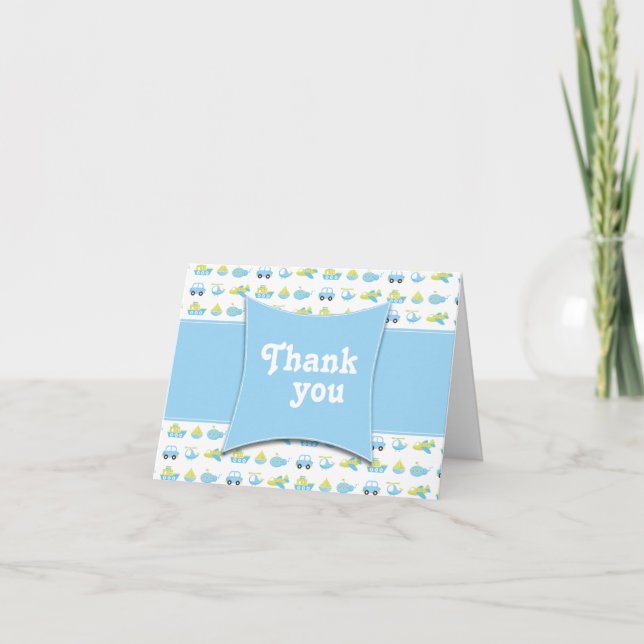 Cute blue boys travel time thank you folded card (Front)
